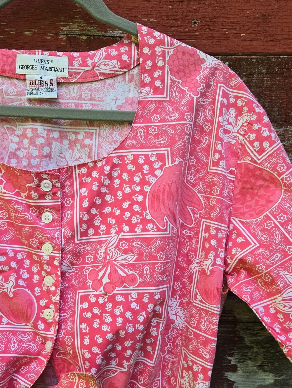 VINTAGE Guess Georges Marciano Blouse Fruit Print Tie-Front Crop Top